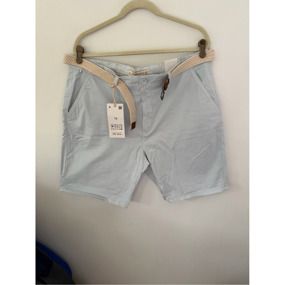 Denim & Flower Light Blue Men’s Flat Front Shorts with Woven Cream Belt